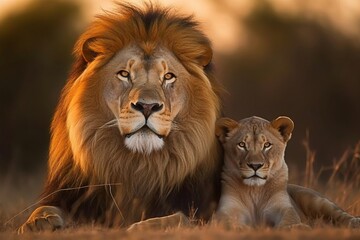 Majestic Lion and Cub Bond in Grassy Field - AI Generative