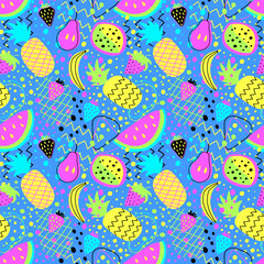 Seamless pattern with hand-drawn vibrant neon tropical fruits. Abstract exotic surface background for fabric, textile, wallpaper