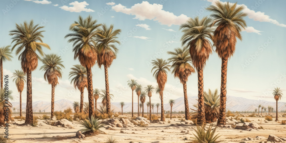 Aufkleber he sees a mirage of palm trees in the desert - generative ai.
