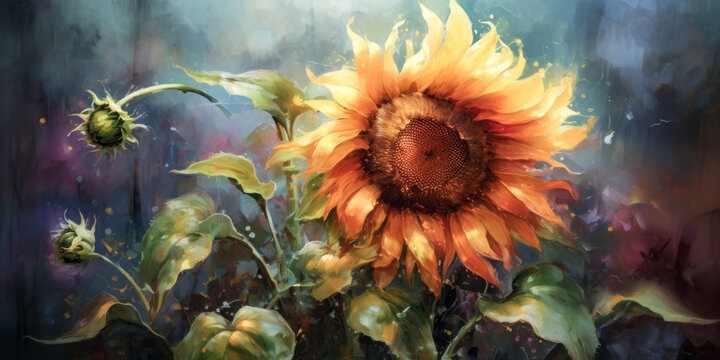 An abstract sunflower painting is created by a generative AI algorithm, forming a unique combination of colors and shapes. - generative ai.