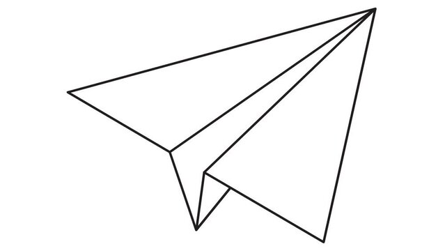 Animated linear black icon of paper airplane. Symbol is drawn gradually. Concept of airplane travel, business, freedom. Looped video. Vector illustration isolated on a white background.