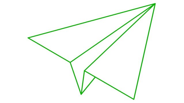 Animated linear green icon of paper airplane. Symbol is drawn gradually. Concept of airplane travel, business, freedom. Looped video. Vector illustration isolated on a white background.