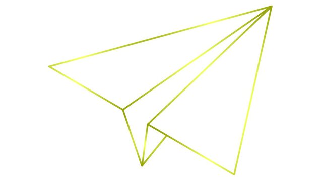 Animated linear golden icon of paper airplane. Symbol is drawn gradually. Concept of airplane travel, business, freedom. Looped video. Vector illustration isolated on a white background.