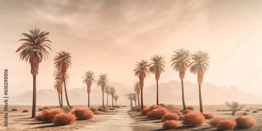 Poster illusionary palm trees shimmer in the heat of the desert - generative ai.