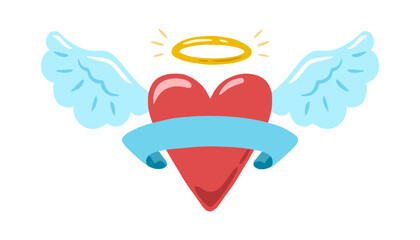 Heart with angel wings, halo and ribbon for inscription. Ribbon on flying heart for text bar. Design for greeting card, invitation, print, sticker. Illustration for valentine's day.