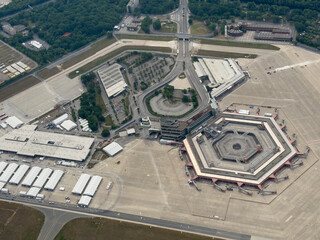 Berlin, Germany - Juni 2023, aerial view of areal of former Berlin Tegel Airport (TXL, EDDT) with...
