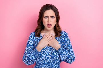 Portrait of crazy impressed lady wear blue trendy clothes arms breast shocked negative news information isolated on pink color background