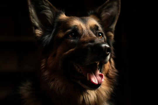 german shepherd dog portrait, black background