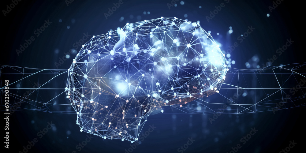 Poster a 3d-rendered brain made of geometric shapes pulses with vibrant colors. - generative ai.