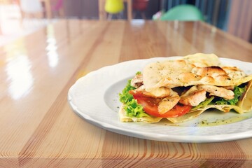 Fresh and healthy tasty sandwich on desk