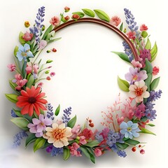 Round frame shape Flower wreath frame made of flowers and leaves, Flat lay. Generative Ai