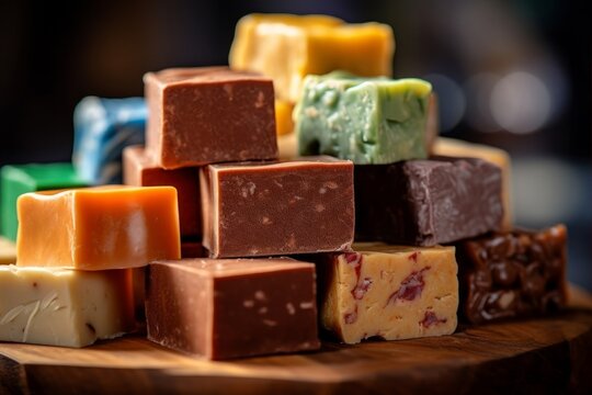 an assortment of fudge pieces in various flavors, with focus on the contrasting textures and colors