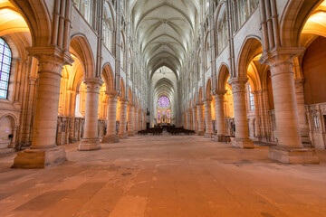 Arched central nave and aisles of Laon Cathedral in France