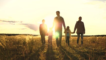 child mother father running sunset. happy family sunny run., fun education concept, childhood dream...