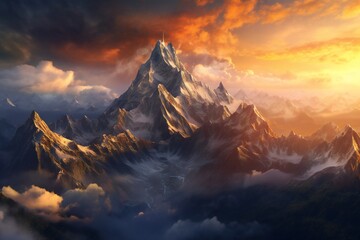 Sunset scene of majestic mountain peaks Generative AI