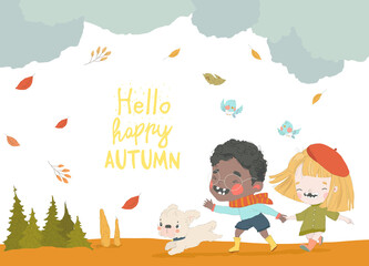 Happy Kids running on Autumn Meadow with Cute Dog. Vector Illustration