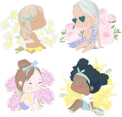 Set of Cute cartoon Little Girl sitting in Different Flowers. Vector Illustration