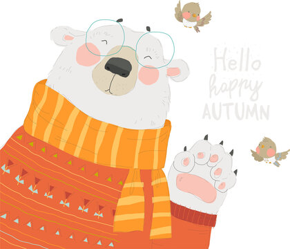 Cute Polar Bear wearing Cozy Sweater saying Hello Autumn. Vector Illustration
