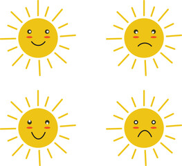 Sunshine emoji, cute smiling faces. Summer sunlight emoticons and morning sunny weather. Isolated funny smileys vector icons.