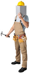 Construction worker in yellow helmet  with a tool belt and book