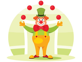 Circus clown performer in classic outfit with red nose and make up performing juggling with balls at the circus. Vector illustration