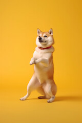 A Shiba dog on a yellow background.