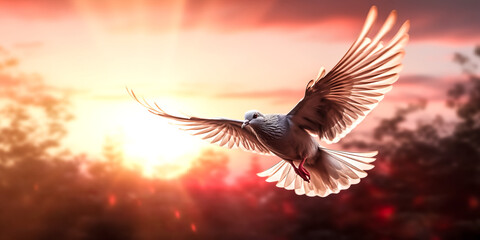 Obraz premium A graceful bird soars at dusk, backlit by a stunning sunset. - generative ai