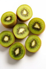 Cut kiwifruit on a white background.
