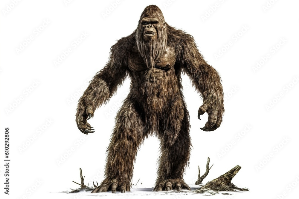 Poster bigfoot isolated on white background. generated by ai.