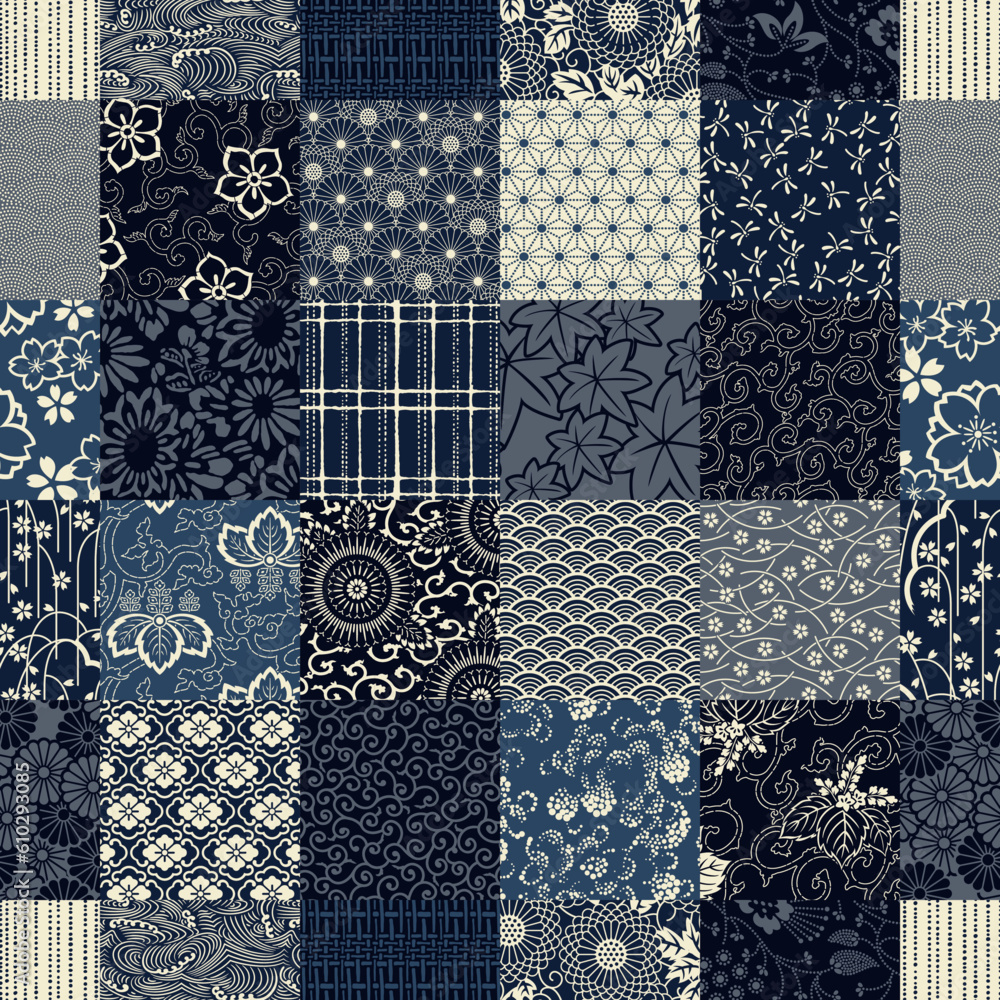 Wall mural Blue traditional  Japanese fabric patchwork wallpaper vintage vector seamless  pattern