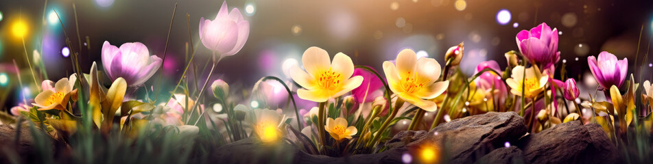 Beautiful Flowers in a field, spring background in filled with flowers touched by sunlight. Generative Ai.