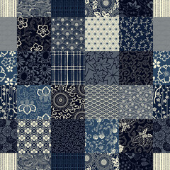 Blue traditional  Japanese fabric patchwork wallpaper vintage vector seamless  pattern - obrazy, fototapety, plakaty