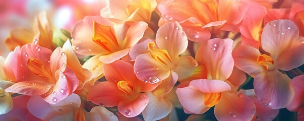 Summer freesia flowers background in morning soft light style, ultra detailed