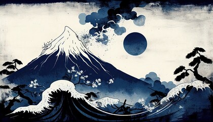 White and blue Fuji and stormy waves of traditional Japanese Ukiyoe Abstract, Elegant and Modern AI-generated illustration