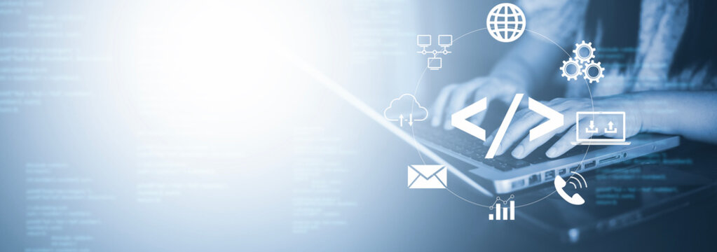 Businessman hand touch with Code html and programming on screen laptop,Programmer development Computer code,web design  coding technology in software, digital software technology development, IoT