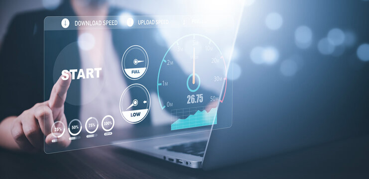Fast internet connection with Metaverse technology concept, Programmer people working  laptop with Virtual screen of Internet speed measurement, Internet and technology concept, 6G High-speed internet - Powered by Adobe