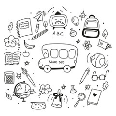 set of doodle elements for school, doodle school,  school theme, school doodles, inscription in a notebook, training, lessons, time for training, Set of school tools, set of education icons