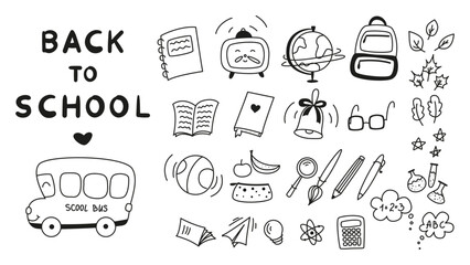 set of doodle elements for school, doodle school,  school theme, school doodles, inscription in a notebook, training, lessons, time for training, Set of school tools, set of education icons