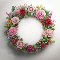 Fototapeta na wymiar Round frame shape Flower wreath frame made of flowers and leaves, Flat lay. Generative Ai