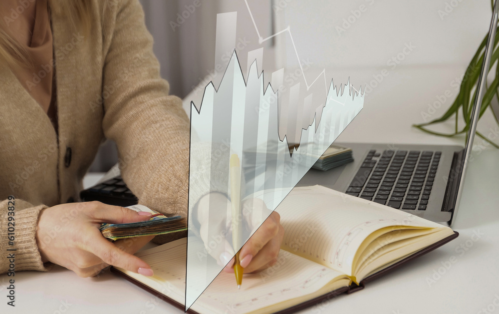 Aufkleber people using tablets and using tablet with a business graph showing up in a virtual screen. new star