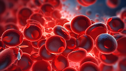 Dynamic Cellular Stream: Closeup 3D Render of Flowing Blood Cells. Generative AI