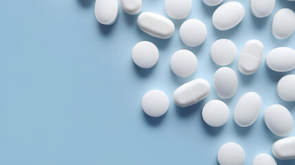 Medicinal Serenity: White Pills on Blue Background. Generative AI
