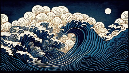 Japanese traditional Ukiyoe white and blue raging waves of violent billows Abstract, Elegant and Modern AI-generated illustration