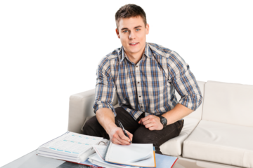 Friendly happy good looking man working on paperwork