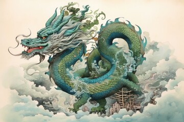 Obraz premium A watercolor print featuring an Asian inspired green dragon, adorned with intricate patterns and delicate brushstrokes