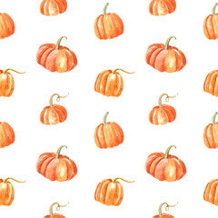 Watercolor seamless pattern with bright, orange pumpkins on a white background.