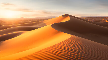 "Desert Sunset": A desert landscape at sunset, with sand dunes bathed in a warm, golden light and a sky filled with vibrant hues.