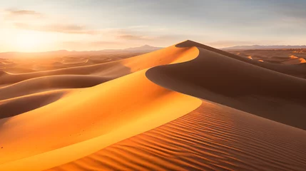 Zelfklevend Fotobehang "Desert Sunset": A desert landscape at sunset, with sand dunes bathed in a warm, golden light and a sky filled with vibrant hues. © Timon