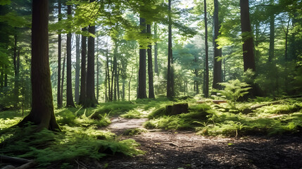 "Forest Sunlight": A hyper-realistic image of a lush, green forest with sunlight filtering through the trees.