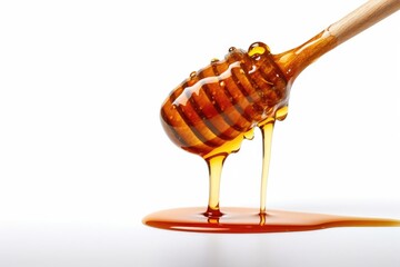 Honey dripping from wood dipper on white background. Honey. Generative ai